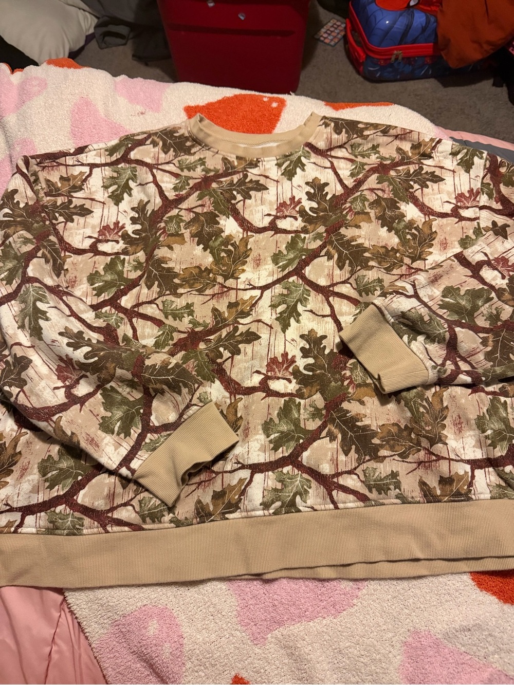 Original Use Beige Camo Leaf Print Crewneck Sweater